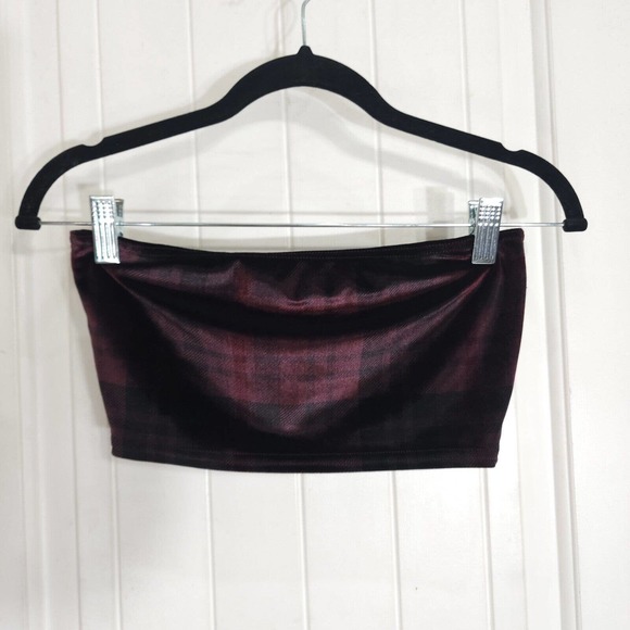 Nasty Gal Womens Pants Top Set Plaid About You Maroon Co Ord Velvet Velour Sz 4 - Picture 10 of 11